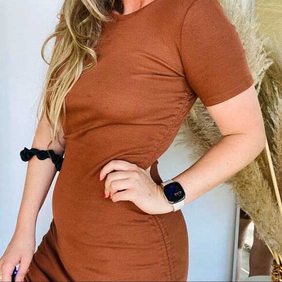 ZARA Ruched Short Ribbed Tee Shirt Side Tie Bodycon Mini Dress Rust Brown L - Picture 8 of 16